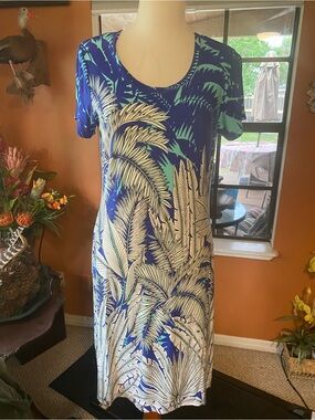 Blue & Teal Tropical Print Short Sleeve Dress